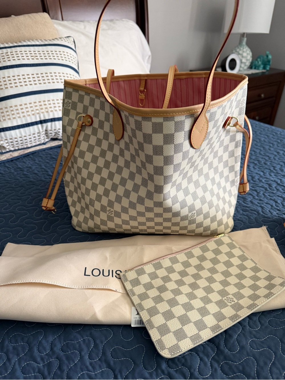 Louis Vuitton Damier Azur Neverfull MM Tote with Pink Liner